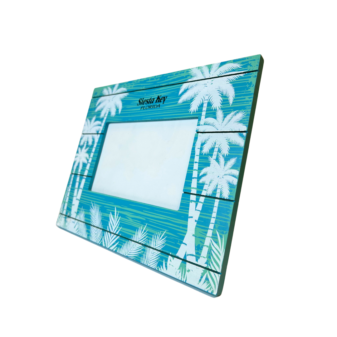 Siesta Key Frame Wood W/White Palm tree Color Turquoise 5.5"3.5"