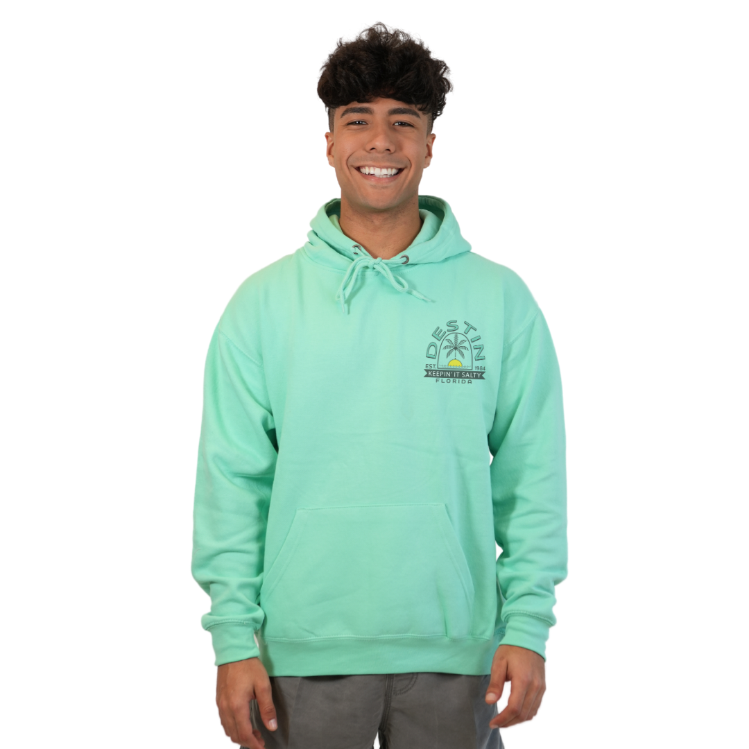 Destin Florida Pullover Hoodie Men with front "Keeping it Salty" Sun and Palm Tree Pocket design and the same back big design Style 252