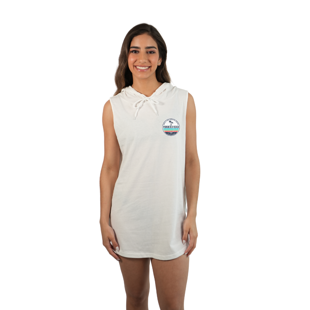 Pensacola Beach Women Sleeveless Cover Up Hoodie with a Front Pocket Design and back big circle 2 Palm Trees Design Style 263