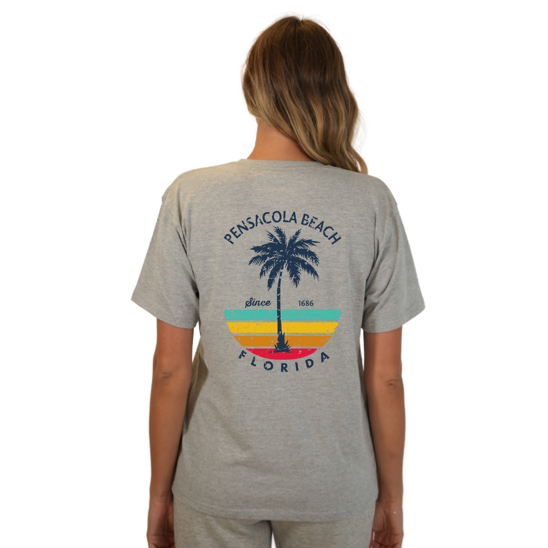 Pensacola Beach  Palm Tree/ Stripes Combed/Cotton Women T-Shirt Style Cc1000