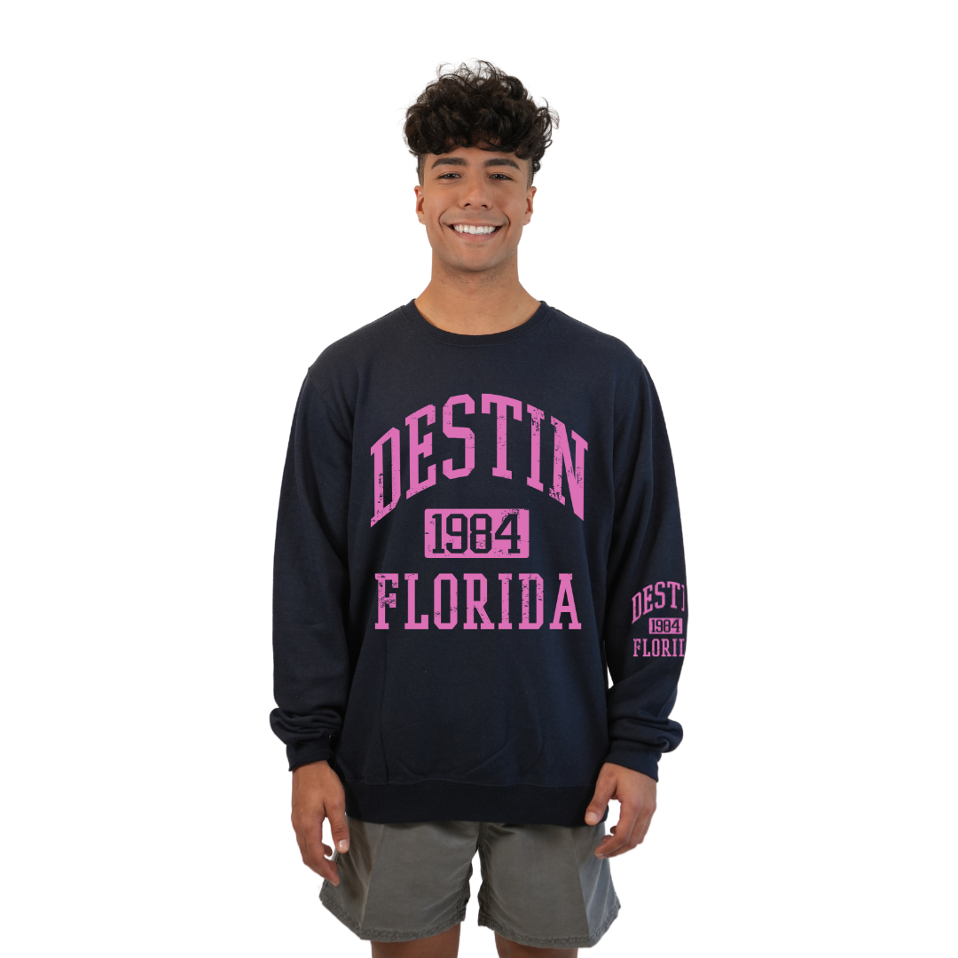 Destin Fl. 1984 Fleece Crewneck Sweatshirt Men with a Front and the left sleeve design Style 067