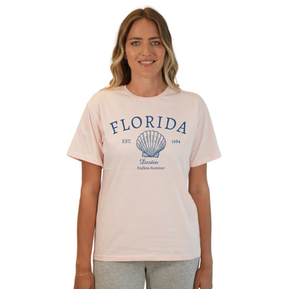 Destin Combed Cotton Women T-Shirt with a Front Florida Shell Endless Summer Design Style CC1000