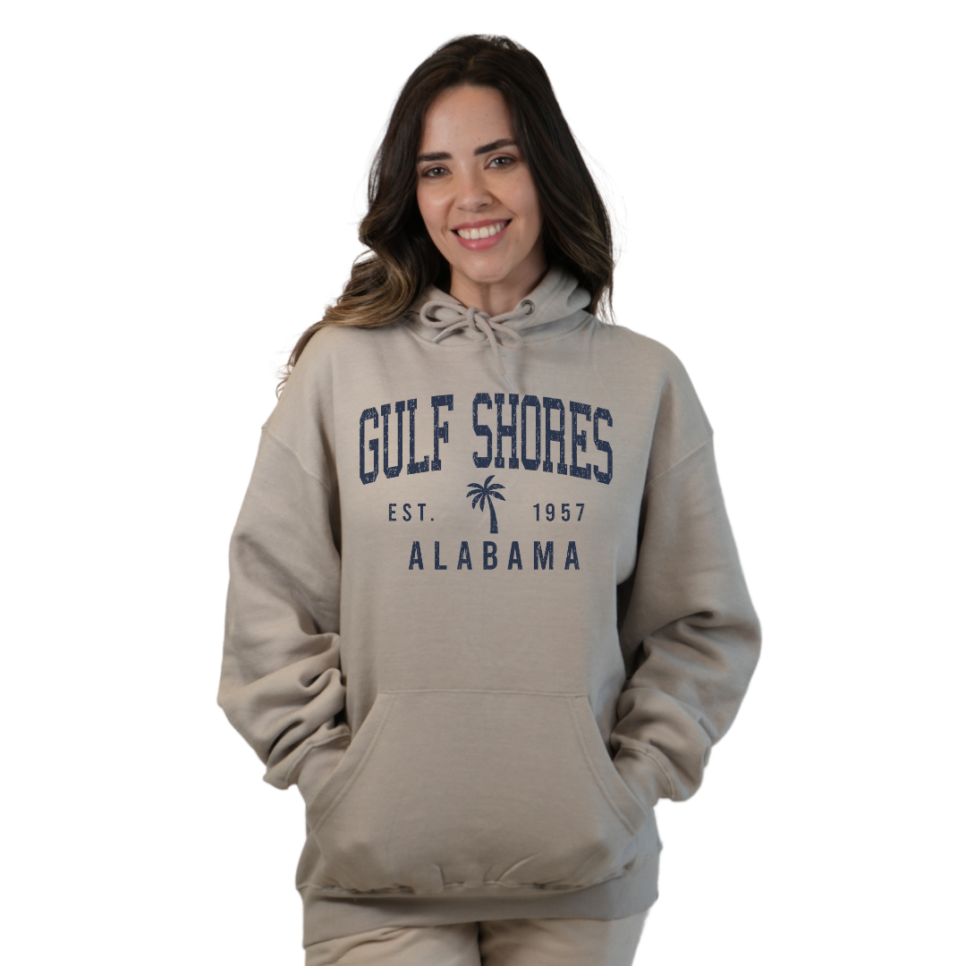 Gulf Shores Alabama Pullover Hoodie Women with Front Big Letters and Palm Tree Est. 1957 Design Style 252