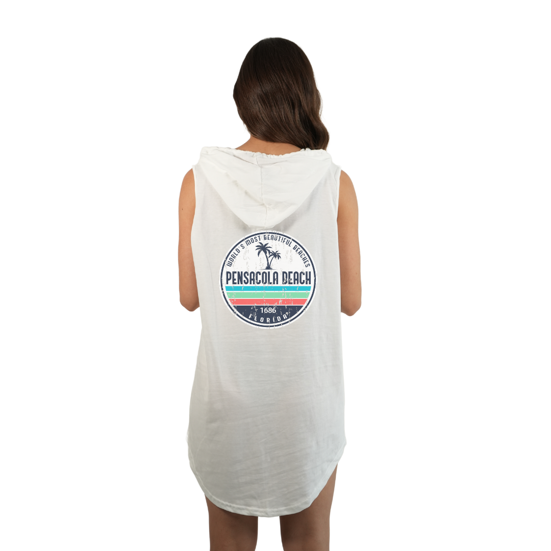 Pensacola Beach Women Sleeveless Cover Up Hoodie with a Front Pocket Design and back big circle 2 Palm Trees Design Style 263