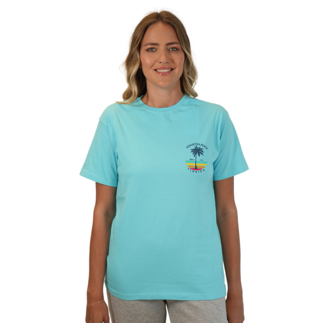 Pensacola Beach  Palm Tree/ Stripes Combed/Cotton Women T-Shirt Style Cc1000