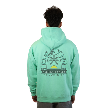 Destin Florida Pullover Hoodie Men with front "Keeping it Salty" Sun and Palm Tree Pocket design and the same back big design Style 252