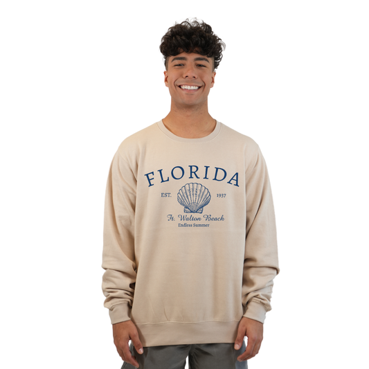 Ft. Walton Beach Fleece Crewneck Sweatshirt Men with a Florida Shell Endless Summer Design Style 067