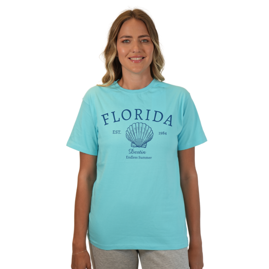 Destin Combed Cotton Women T-Shirt with a Front Florida Shell Endless Summer Design Style CC1000