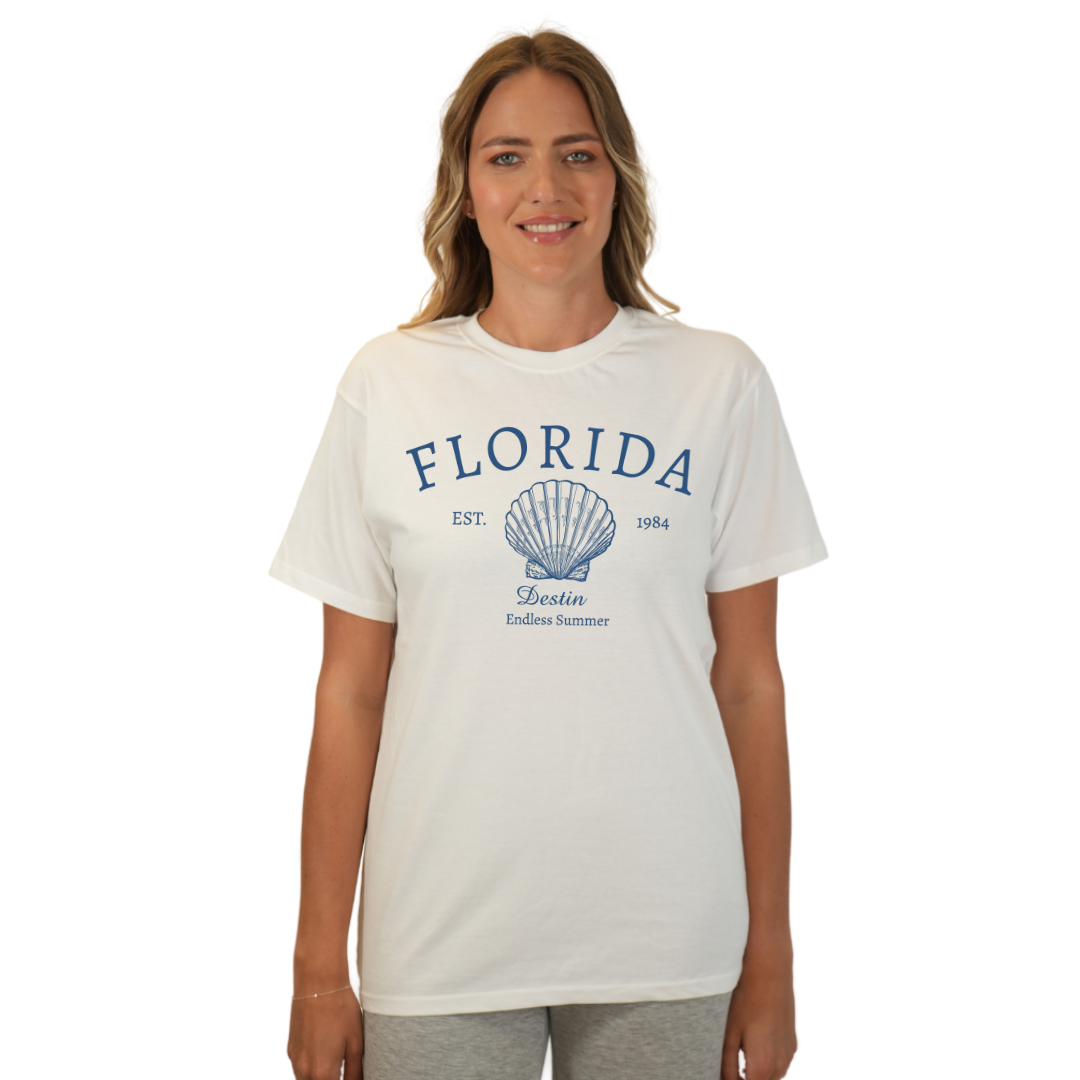 Destin Combed Cotton Women T-Shirt with a Front Florida Shell Endless Summer Design Style CC1000