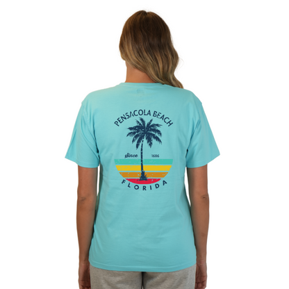 Pensacola Beach  Palm Tree/ Stripes Combed/Cotton Women T-Shirt Style Cc1000