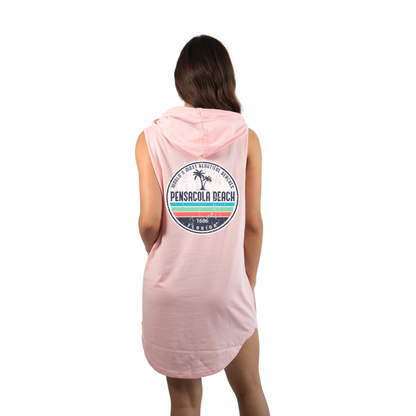 Pensacola Beach Women Sleeveless Cover Up Hoodie with a Front Pocket Design and back big circle 2 Palm Trees Design Style 263