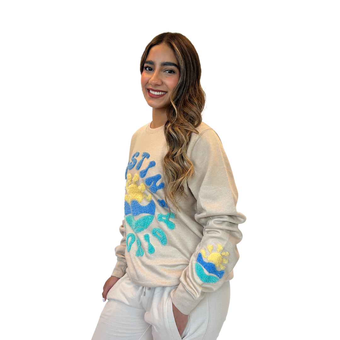 Santa Rosa Beach, Fl Crewneck Women with texture patch on the front and the sleeve Style 067