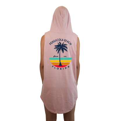 Pensacola Beach Women Sleeveless Cover Up Hoodie with a Front Pocket Design and back big Palm Tree/ Stripes Design Style 263