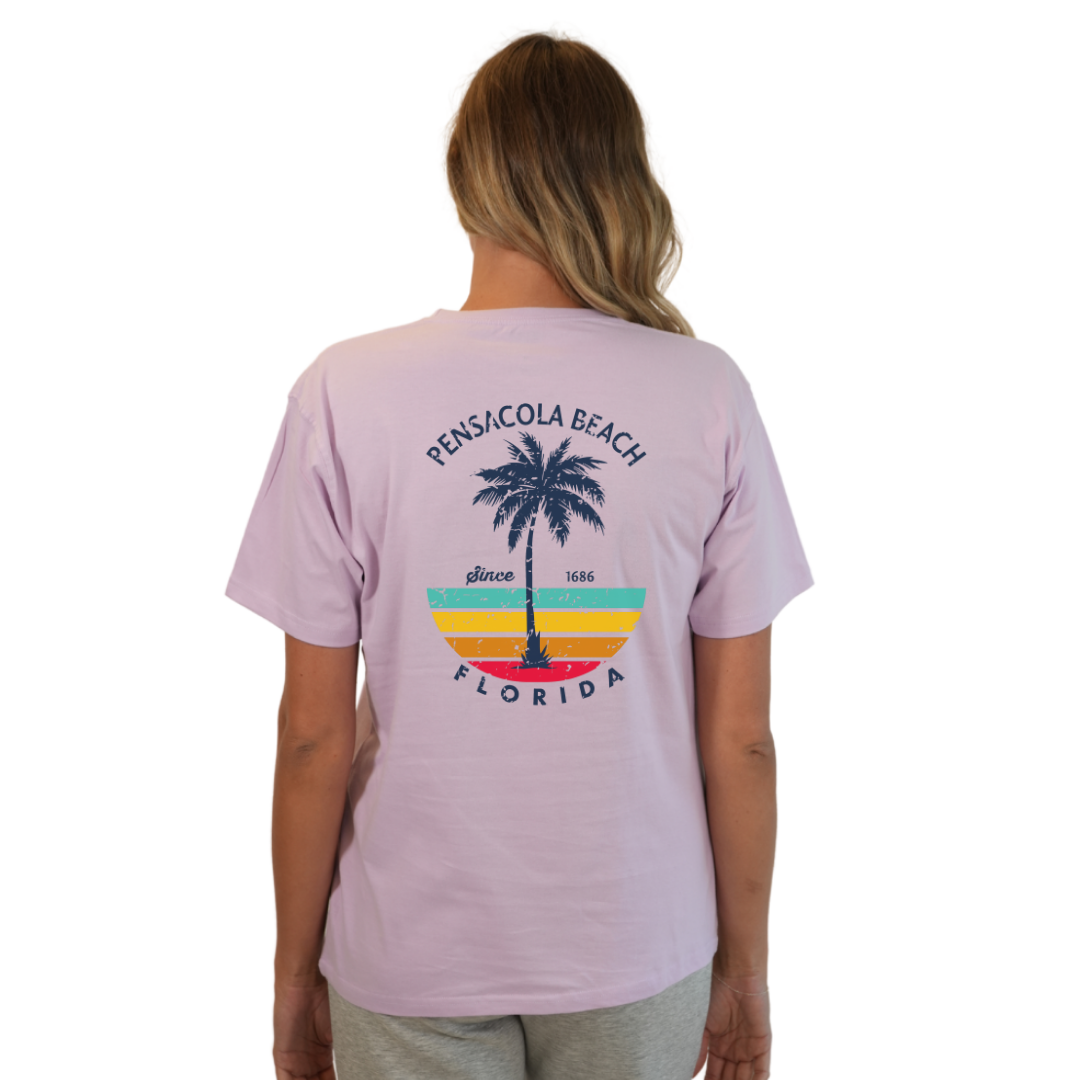 Pensacola Beach  Palm Tree/ Stripes Combed/Cotton Women T-Shirt Style Cc1000