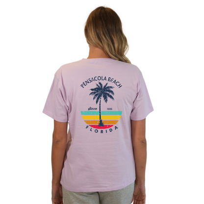 Pensacola Beach  Palm Tree/ Stripes Combed/Cotton Women T-Shirt Style Cc1000