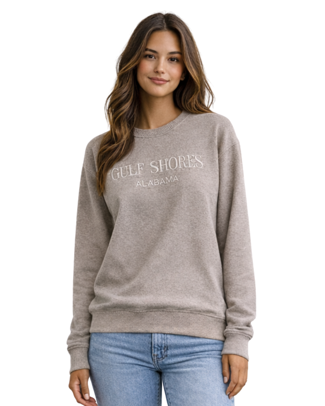 Gulf Shores, AL Women Nantucket Crewneck – Embroidered City Name Appliqué (Style AP267AI) crewneck alvinsisland.com Sand S