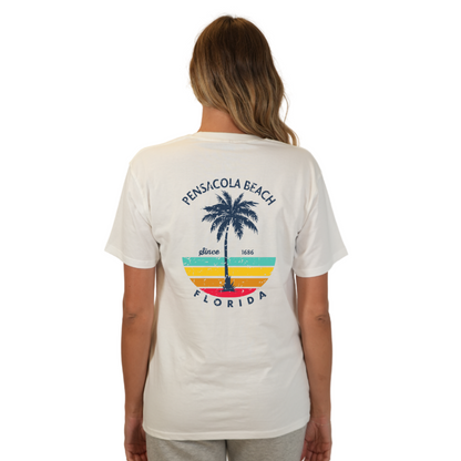 Pensacola Beach  Palm Tree/ Stripes Combed/Cotton Women T-Shirt Style Cc1000