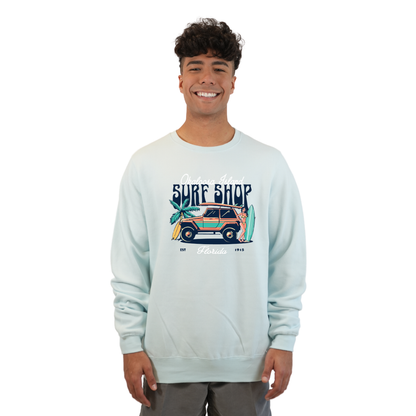 Okaloosa Island Fleece Crewneck Sweatshirt Men  with Surf Shop Front Design Style 067