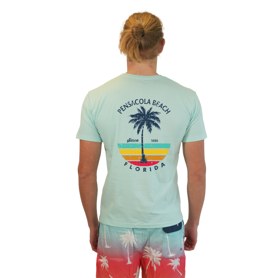 Pensacola Beach  Palm Tree/ Stripes Combed/Cotton Men T-Shirt Style Cc1000