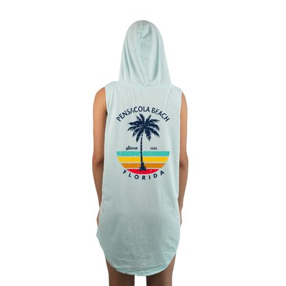 Pensacola Beach Women Sleeveless Cover Up Hoodie with a Front Pocket Design and back big Palm Tree/ Stripes Design Style 263