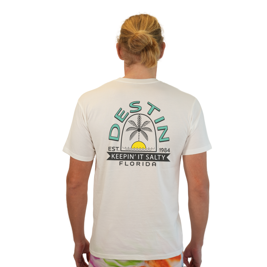 Destin Florida Combed Cotton Men T-Shirt with a Front Pocket Design and back big Palm Tree - Sun Arc Letters Design Style CC1000