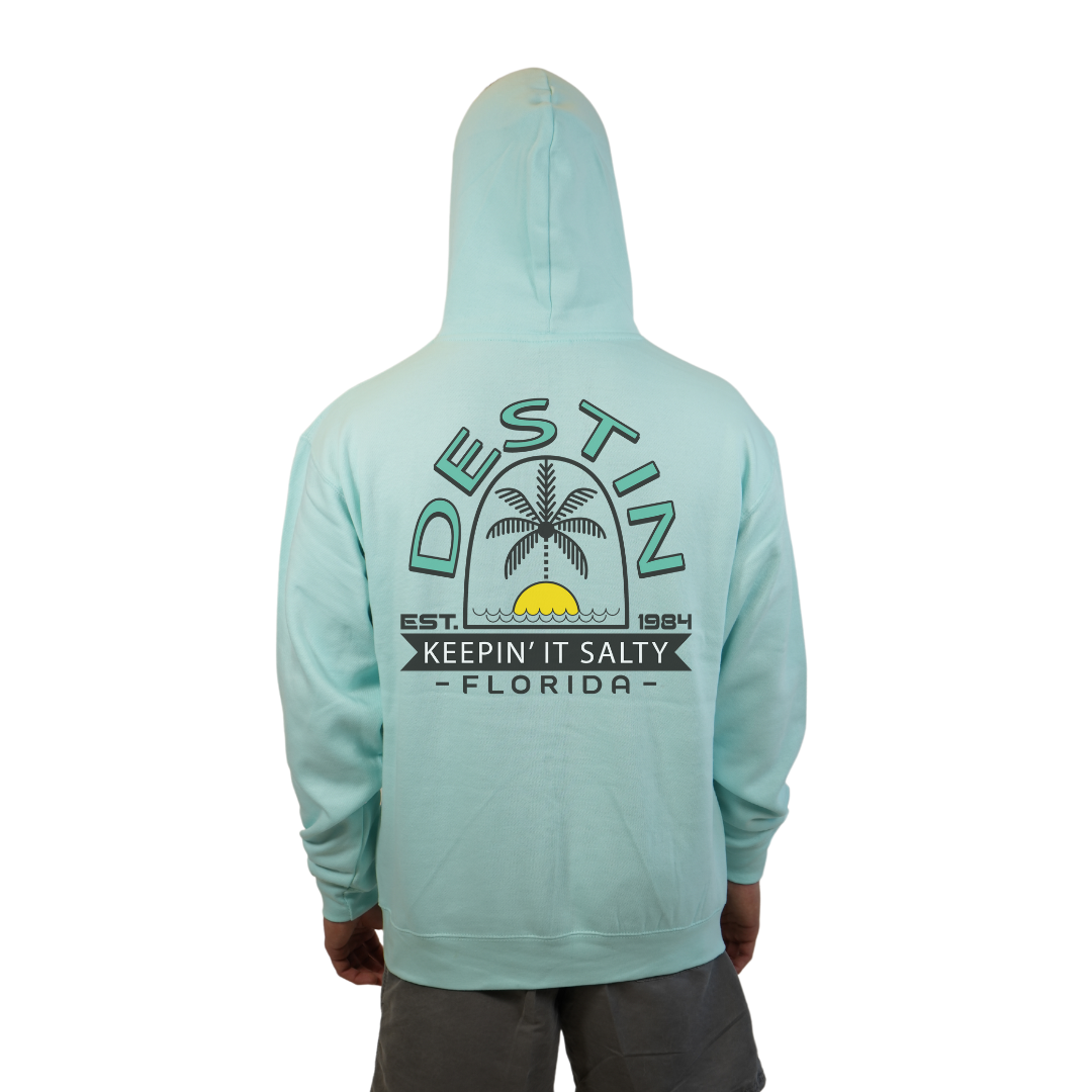 Destin Florida Pullover Hoodie Men with front "Keeping it Salty" Sun and Palm Tree Pocket design and the same back big design Style 252