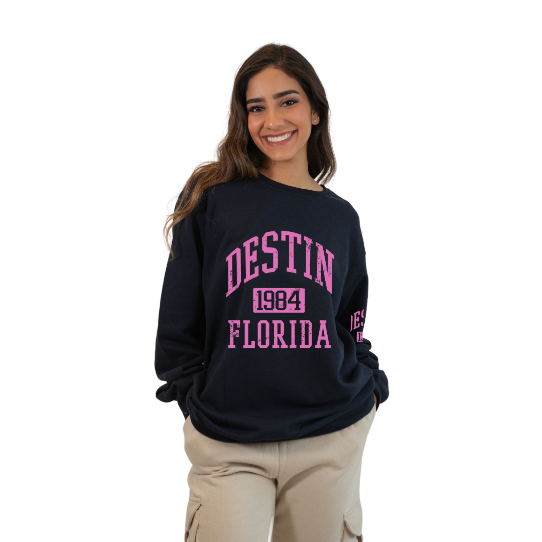 Destin Fl. 1984 Fleece Crewneck Sweatshirt Women with a Front and the left sleeve design Style 067