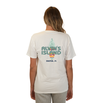 Destin Combed Cotton Women T-Shirt with a Alvin's island Surf Board Design Style CC1000