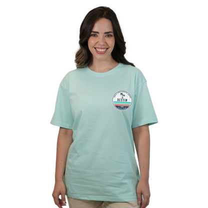 Destin Florida Combed Cotton Women T-Shirt with a Front Pocket Design and back big circle 2 Palm Trees 1915 Design Style CC1000