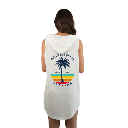 Pensacola Beach Women Sleeveless Cover Up Hoodie with a Front Pocket Design and back big Palm Tree/ Stripes Design Style 263