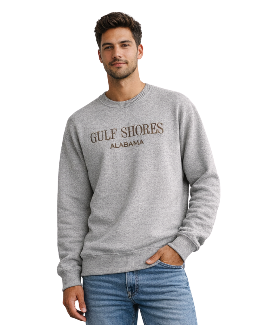 Gulf Shores, AL Nantucket Crewneck – Embroidered City Name Appliqué (Style AP267AI) crewneck alvinsisland.com Lt brown S