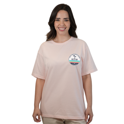 Destin Florida Combed Cotton Women T-Shirt with a Front Pocket Design and back big circle 2 Palm Trees 1915 Design Style CC1000