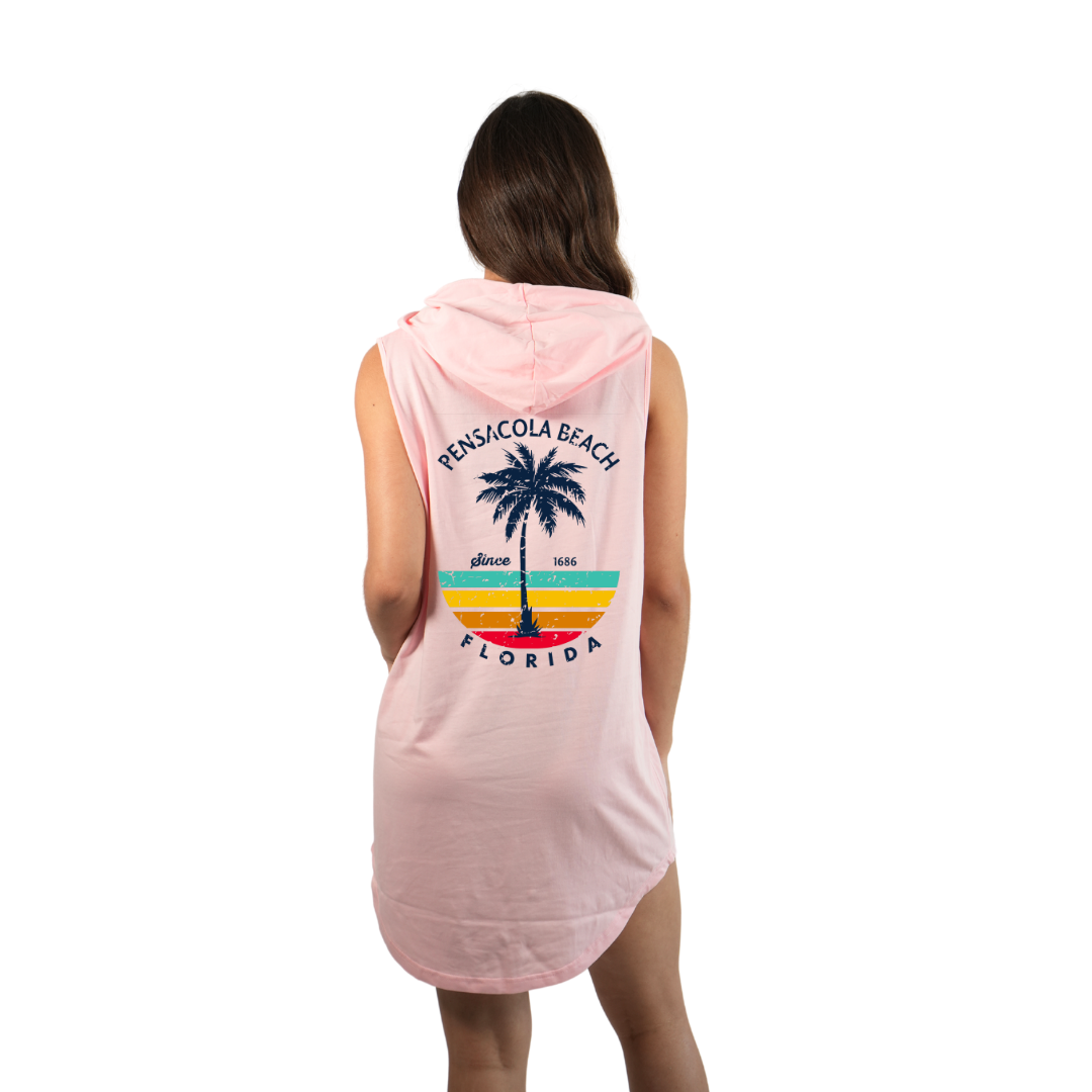 Pensacola Beach Women Sleeveless Cover Up Hoodie with a Front Pocket Design and back big Palm Tree/ Stripes Design Style 263