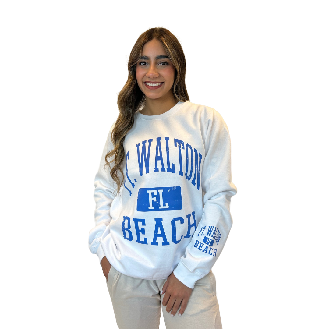 Ft. Walton, Fl Fleece Crewneck Sweatshirt Women with a Front and the left sleeve design Style 067