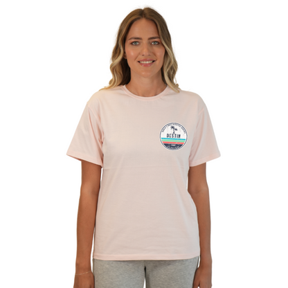 Destin Florida Combed Cotton Women T-Shirt with a Front Pocket Design and back big circle 2 Palm Trees 1915 Design Style CC1000