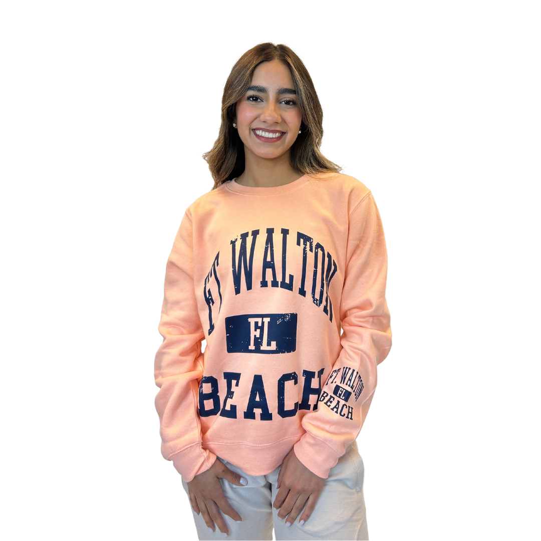 Ft. Walton, Fl Fleece Crewneck Sweatshirt Women with a Front and the left sleeve design Style 067