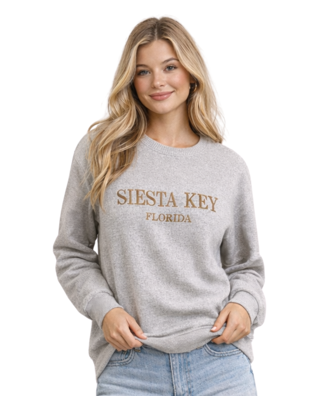 Siesta Key, Fl Women Nantucket Crewneck – Embroidered City Name Appliqué (Style AP267AI) crewneck alvinsisland.com Lt brown S