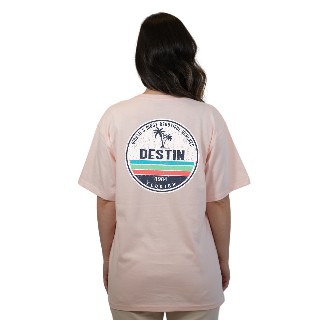 Destin Florida Combed Cotton Women T-Shirt with a Front Pocket Design and back big circle 2 Palm Trees 1915 Design Style CC1000