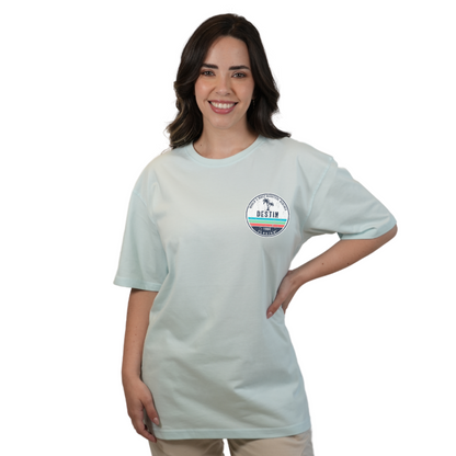 Destin Florida Combed Cotton Women T-Shirt with a Front Pocket Design and back big circle 2 Palm Trees 1915 Design Style CC1000