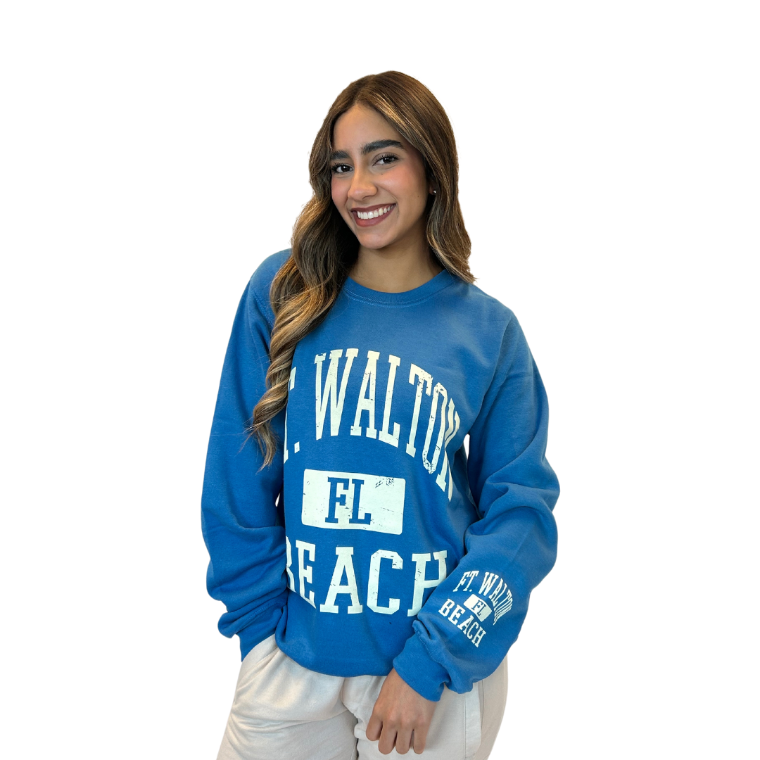 Ft. Walton, Fl Fleece Crewneck Sweatshirt Women with a Front and the left sleeve design Style 067