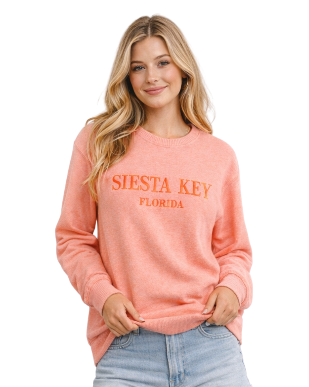 Siesta Key, Fl Women Nantucket Crewneck – Embroidered City Name Appliqué (Style AP267AI) crewneck alvinsisland.com Coral S