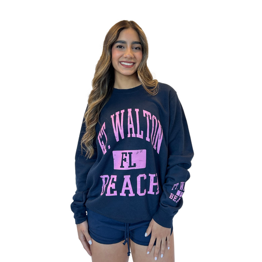 Ft. Walton, Fl Fleece Crewneck Sweatshirt Women with a Front and the left sleeve design Style 067