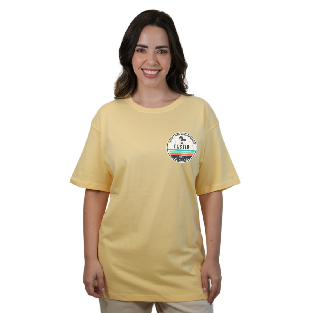 Destin Florida Combed Cotton Women T-Shirt with a Front Pocket Design and back big circle 2 Palm Trees 1915 Design Style CC1000