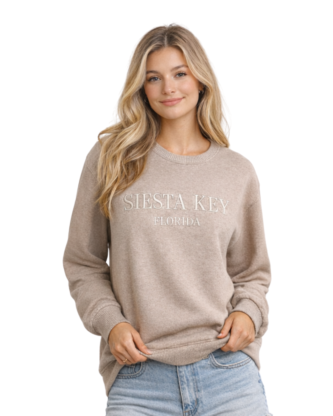 Siesta Key, Fl Women Nantucket Crewneck – Embroidered City Name Appliqué (Style AP267AI) crewneck alvinsisland.com Sand S