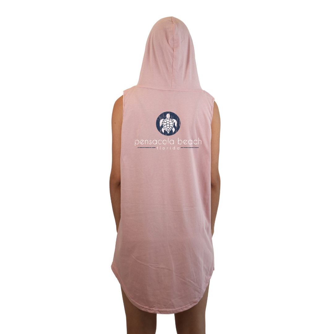 Pensacola Beach Women Sleeveless Cover Up Hoodie with a Front SeaTurtle's pocket design and back big SeaTurtle's Design Style 263