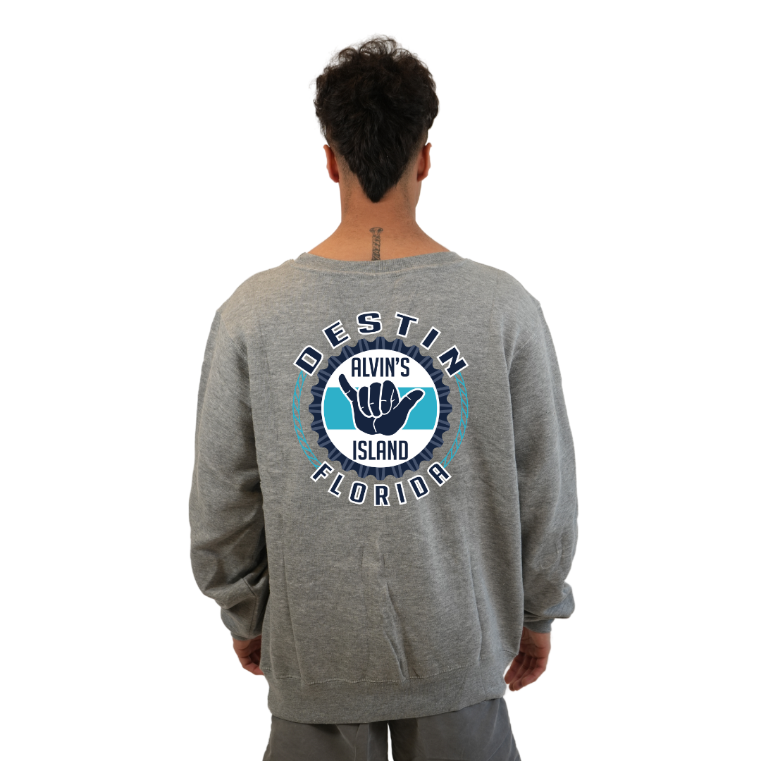 Destin Florida Fleece Crewneck Sweatshirt Men with Alvin's Island Hang Loose Front and Back Design Style 252