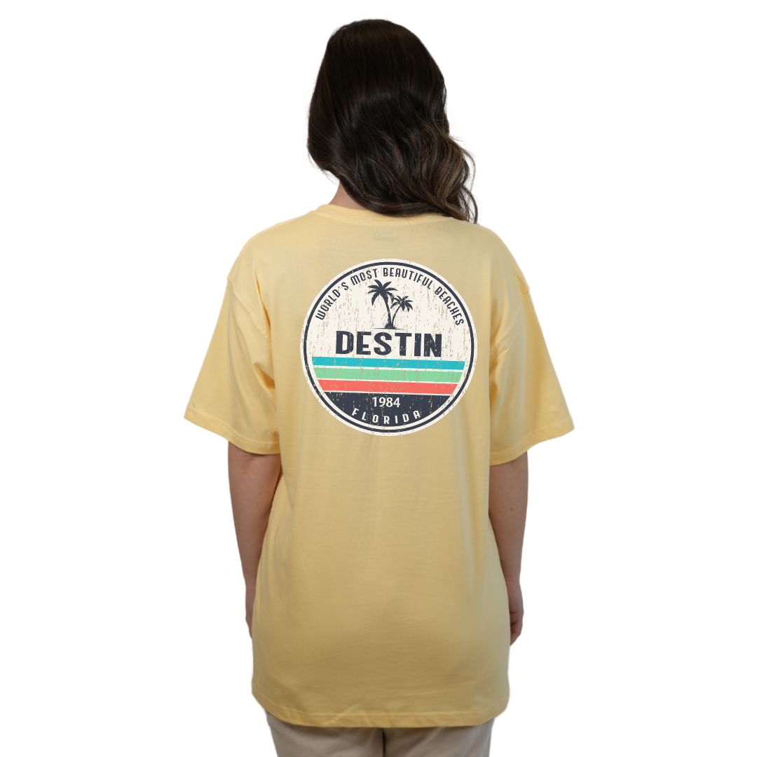 Destin Florida Combed Cotton Women T-Shirt with a Front Pocket Design and back big circle 2 Palm Trees 1915 Design Style CC1000