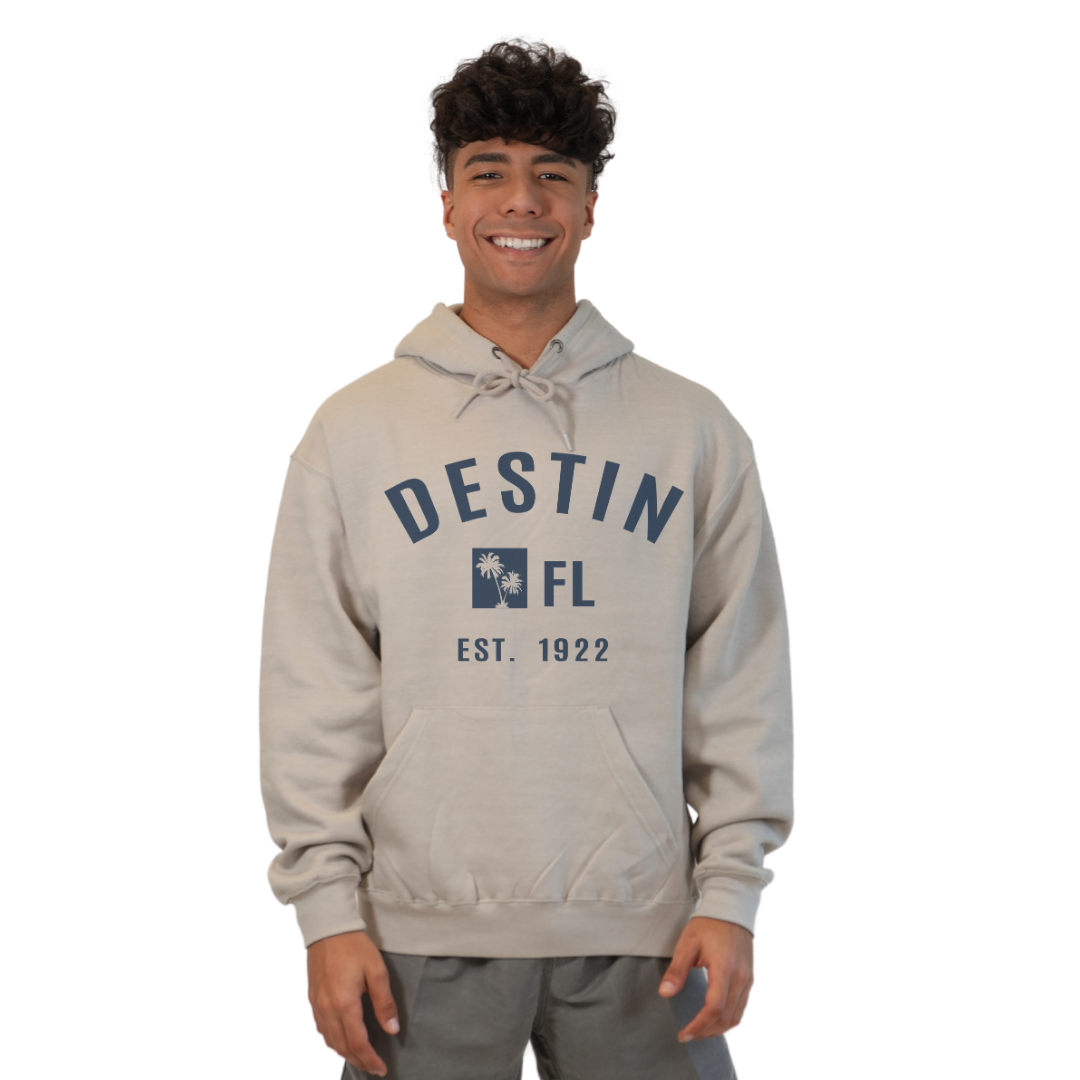 Destin Florida Pullover Hoodie men with Big Front Destin Est 1922 Two Palm Trees FL Design Style 252