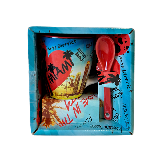 Miami Espresso Mug with Spoon, blue and red, 40oz.