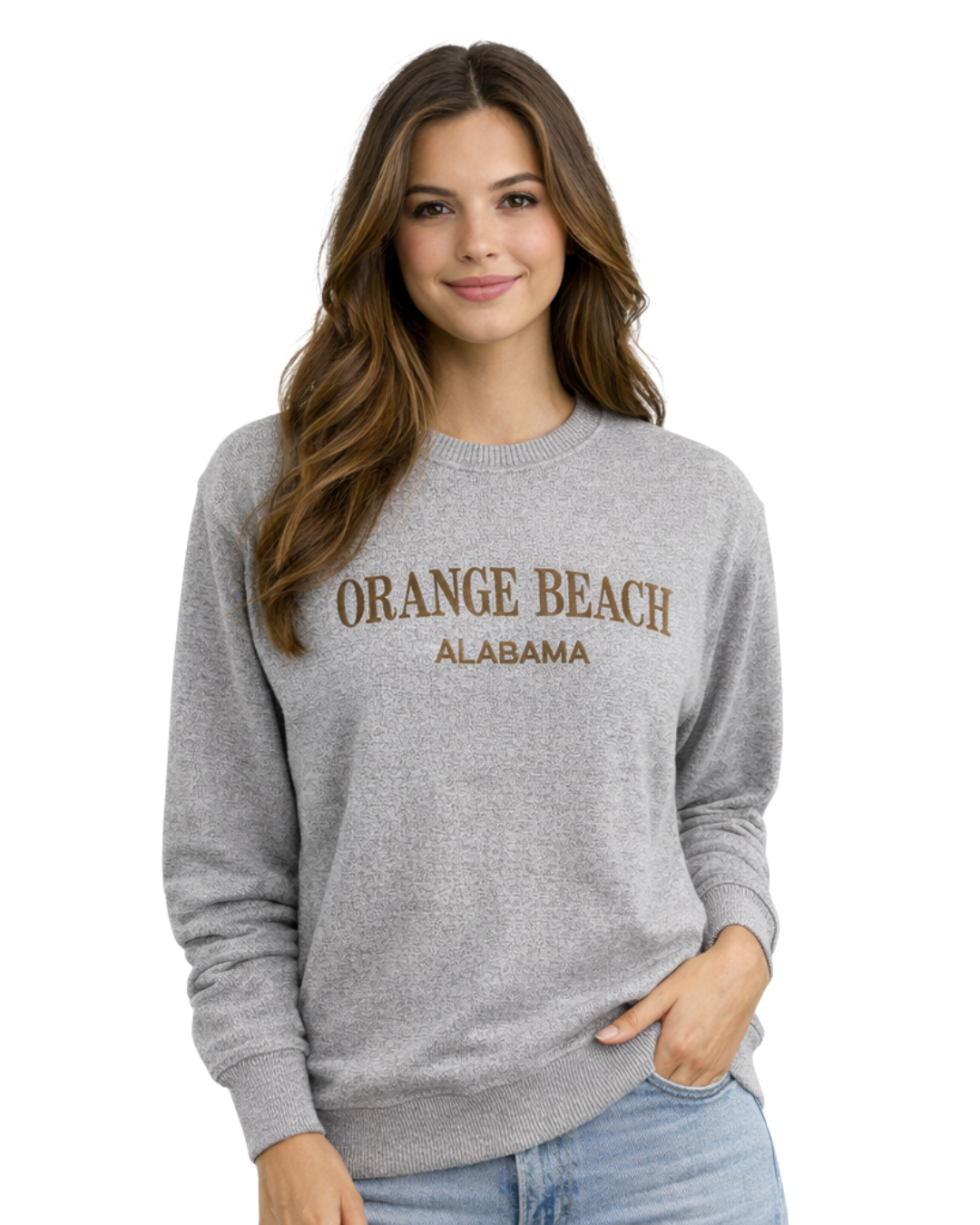 Orange Beach, AL Women Nantucket Crewneck Embroidered City Name Appliqué (Style AP267AI) crewneck alvinsisland.com Lt brown S